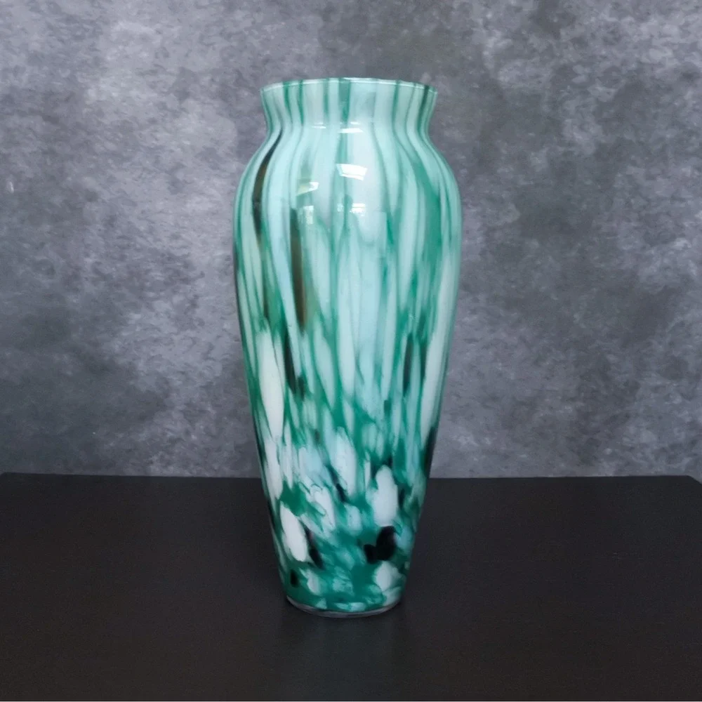 Vintage 80s Azzurra Maestri Vetrai Italian Art Glass Green Marbled Spatter Vase